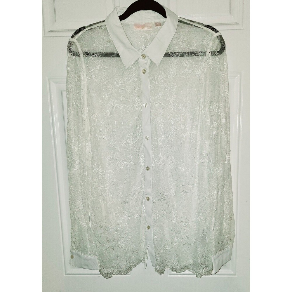 Kim Gravel White Lace Button Up Blouse Top With Faux Leather Collar Size Large